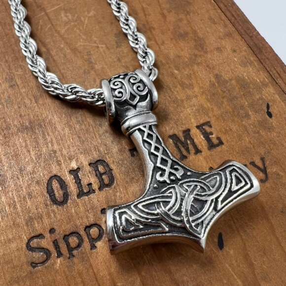 Viking Thor Hammer Pendant and Rope Chain Necklace - Picture 4 of 6